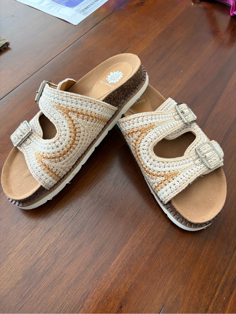 Yellow Box Cream Crochet Slide Sandals with Tan Accent